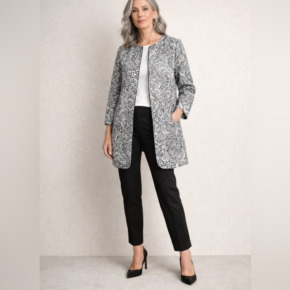 Chico's metallic brocade duster jacket blazer Patterned sz 1 8/10 silver gray